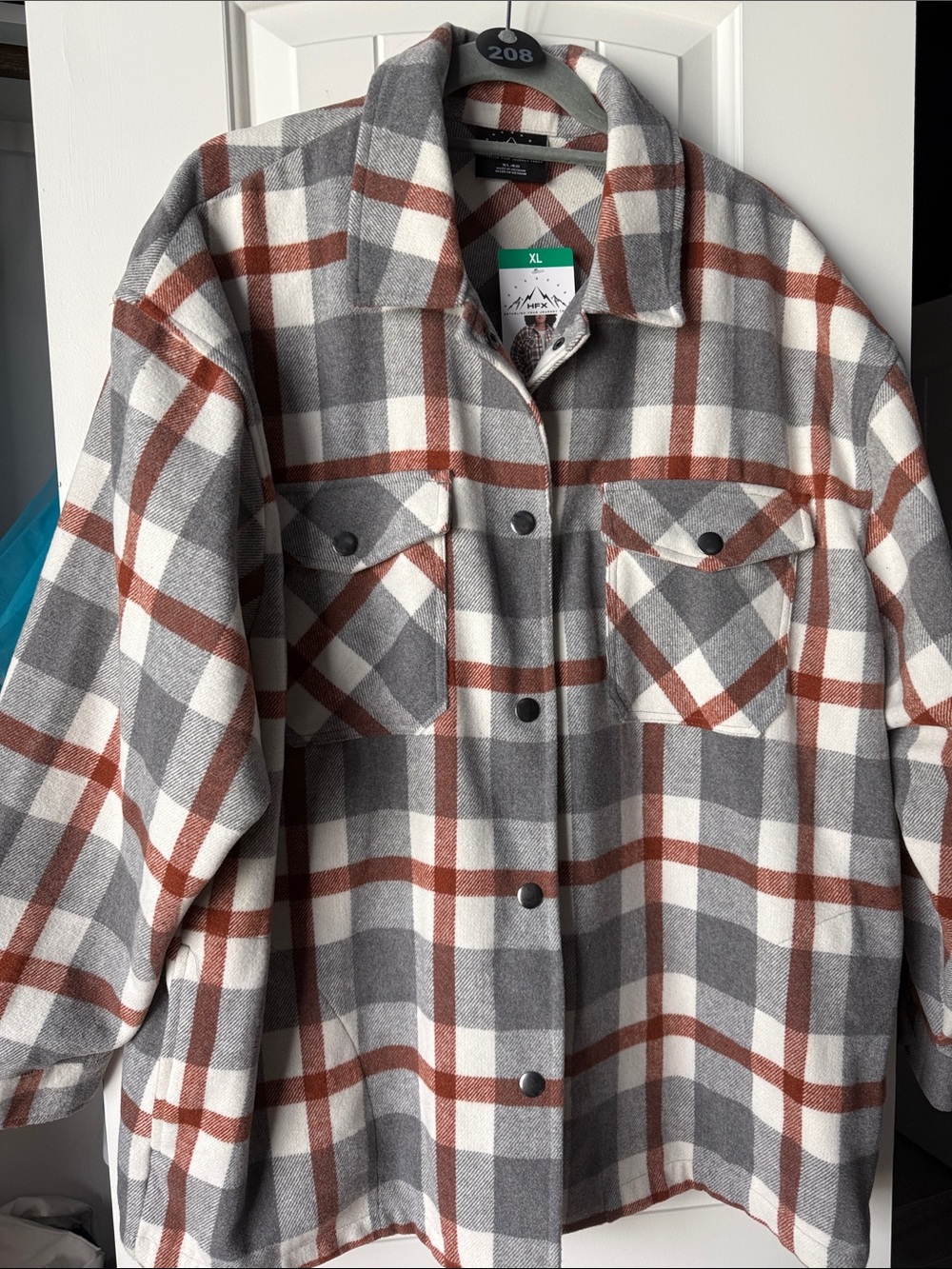 Plaid Snap-Front Shacket in Gray, White & Rust - XL